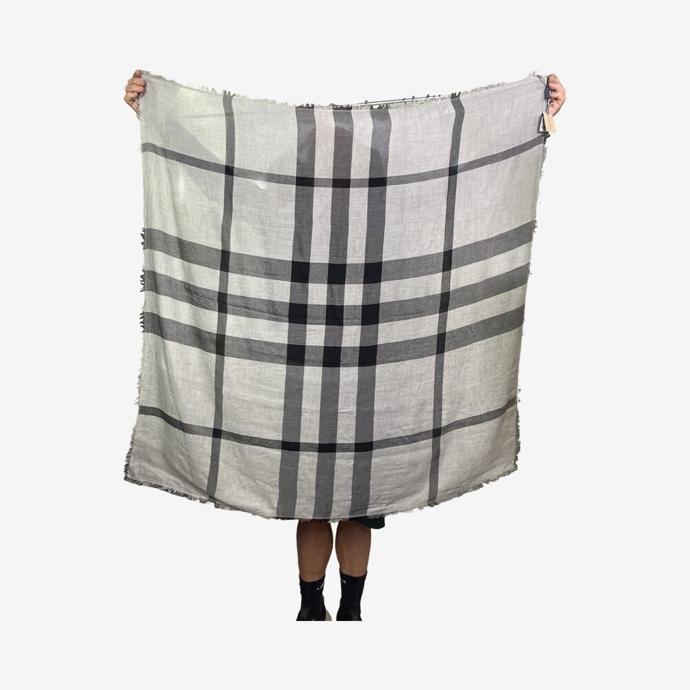 Burberry Overdyed Chambray Check Square Scarf Storm Grey Wool Modal 120x120 NWT - Picture 7 of 8